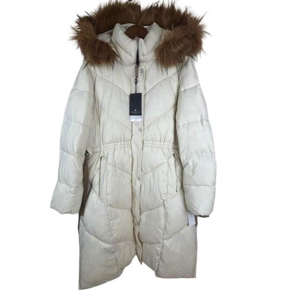 NWT Andrew Marc Lennox Long Hooded Puffer Coat Faux Fur Trim Linen Cream XL